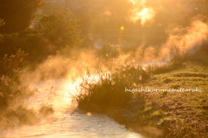 朝日に燃える川霧